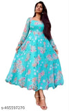 Aqua Blue Georgette Kurta Set, S/L/XL. Printed women's kurta with three-quarter sleeves, cotton origin India