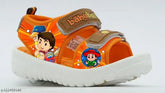 Limited Edition Chhota Bheem Tan Orange Green Patent Leather Kids Sandals, ideal for 12-10 years old, featuring buckle fastening and cartoon characters, originating from India