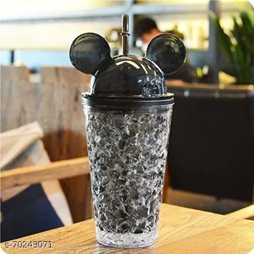 Mickey printed vacuum flask sipper bottle, black plastic, kids multicolor design, keeps drinks cold