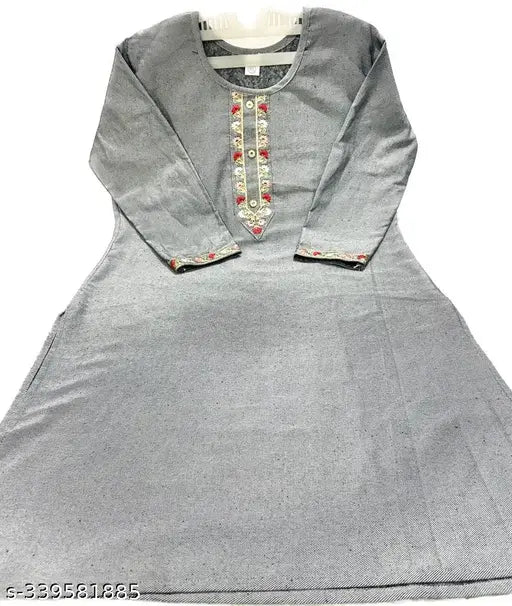 New wool embroidered kurti, three-quarter sleeves, solid combo, stitched. Woolen kurti on display for women, India origin