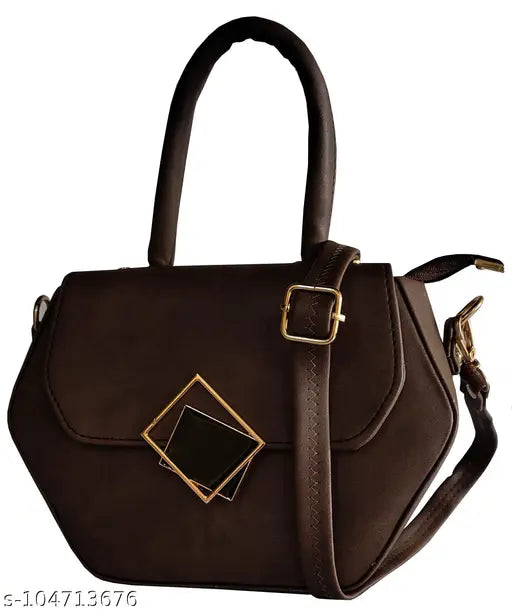 Brown synthetic sling bag with one shoulder strap and soft hand handle, compact design net pattern, lightweight (less than 400 grams), easy-to-carry, suitable for girls or cosmetics. Indian origin