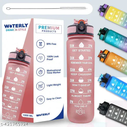 Black silicone time-marked motivational sports bottle, 1 Lt, leakproof BPA free for gym, office, traveling. Unbreakable and BIS/ISI certified