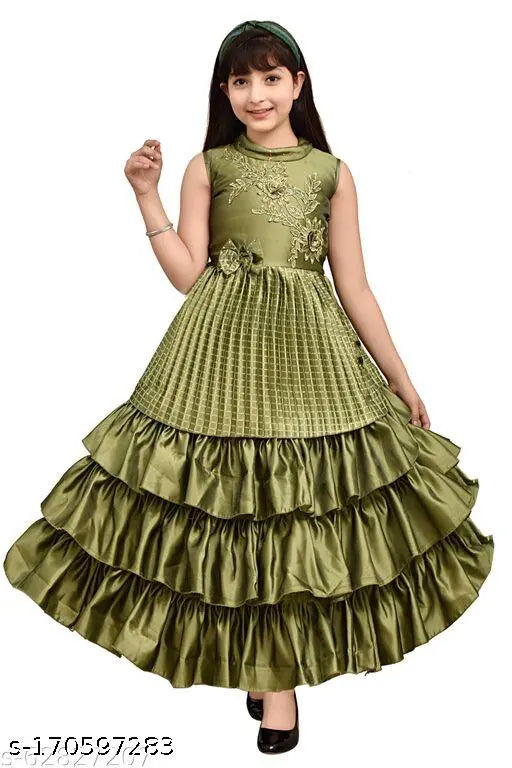 Green solid silk blend full-length party dress for girls, ethnic fashion with sleeveless design, soft on skin and comfortable to wear, ideal for celebrations or functions, Made in India
