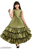 Green solid silk blend full-length party dress for girls, ethnic fashion with sleeveless design, soft on skin and comfortable to wear, ideal for celebrations or functions, Made in India