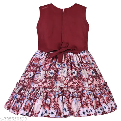 Silver satin knee-length floral print dress for baby girls, vibrant flowers and green leaves pattern, attached dupatta and belt, India