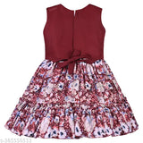 Silver satin knee-length floral print dress for baby girls, vibrant flowers and green leaves pattern, attached dupatta and belt, India