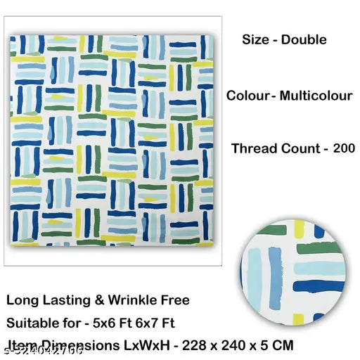 White abstract pattern 200TC superfine ZCI cotton double bedsheet with 2 pillow covers, ideal for summer adult use