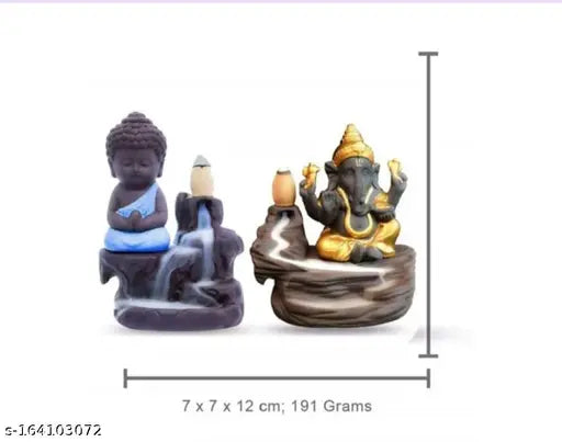 Blue Buddha and Ganesh resin smoke backflow combo pack with 20pcs cone, Indian artistry featuring poly resin idols
