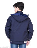 Solid black cotton blend jacket with printed net pattern for boys, perfect for outdoor adventures