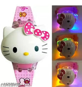 Pink silicone Hello Kitty kids digital watch with multicolor flashing LED lights, music feature, and protective face cover. Best gift idea for girls ages 3-9