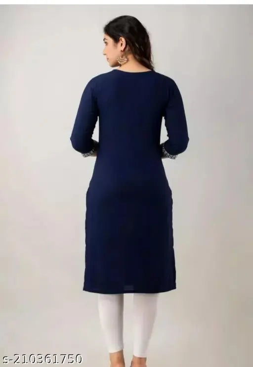 Dark blue embroidered viscose rayon straight kurta on mannequin, perfect for casual events