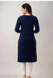 Dark blue embroidered viscose rayon straight kurta on mannequin, perfect for casual events