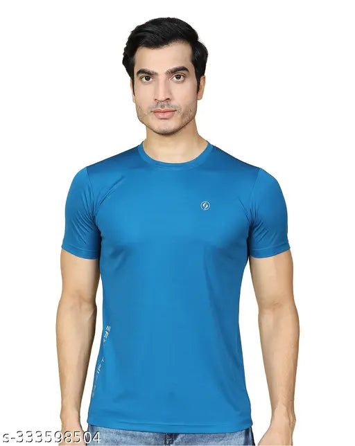 Multicolor Lycra active T-shirts for men (Pack of 4), solid round design with short sleeves on clothing rack