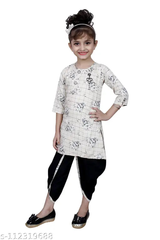 Cream checked Patiala suit for girls, Hariyal Creation kids partywear. Indian ethnic style, cotton silk material, knee-length anarkali top and patiala bottom with short sleeves. Available in sizes 3-4 Years, 4-5 Years, 5-6 Years, 6-7 Years, 7-8 Years, and 8-9 Years. Origin: India