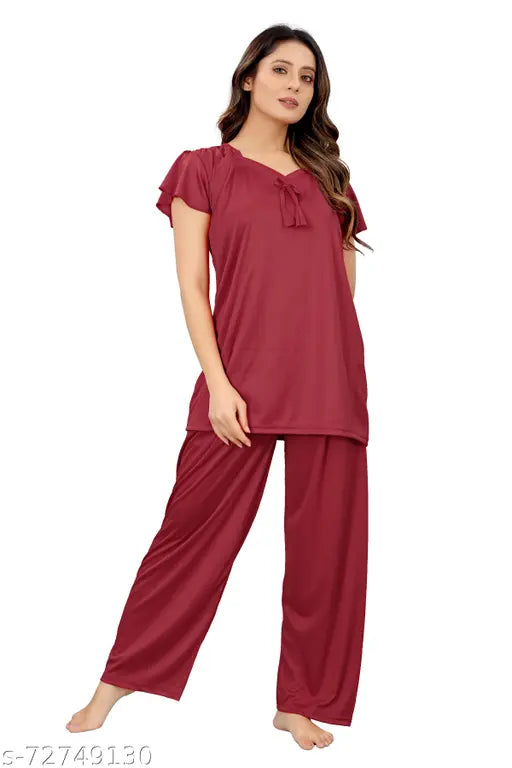 Attractive satin nightsuit/nightdress for daily wear, easy washable satin lycra blend fabric. Includes 1 top & 1 pyjama (M, L, XL sizes available). Made in India