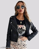 Black faux leather women's jacket, premium quality, long sleeves, solid pattern, AREEBA FASHION XS-XL