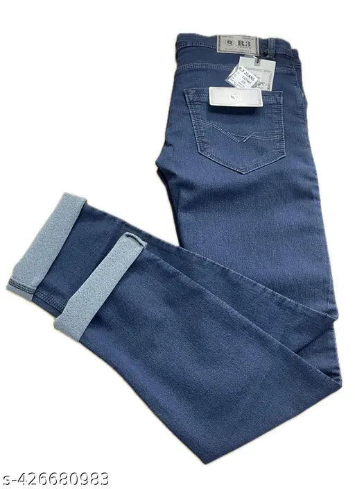 Men's straight fit full-length cotton jeans - comfortable, durable denim for casual and regular wear. Perfect for a versatile style in various occasions. Solid blue denim on display