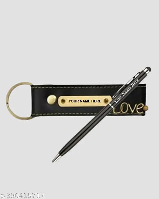 Black faux leather pen combo set with personalized engraving for men, including wallet, pen, and keychain
