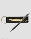 Black faux leather pen combo set with personalized engraving for men, including wallet, pen, and keychain