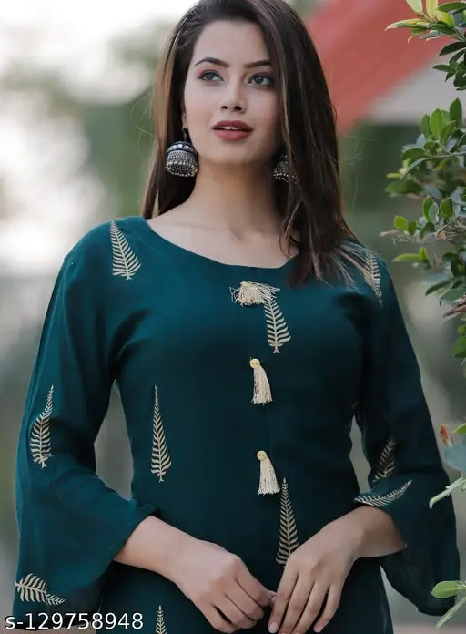 Green printed rayon kurta with sharara - premium women's ethnic wear, three-quarter sleeves