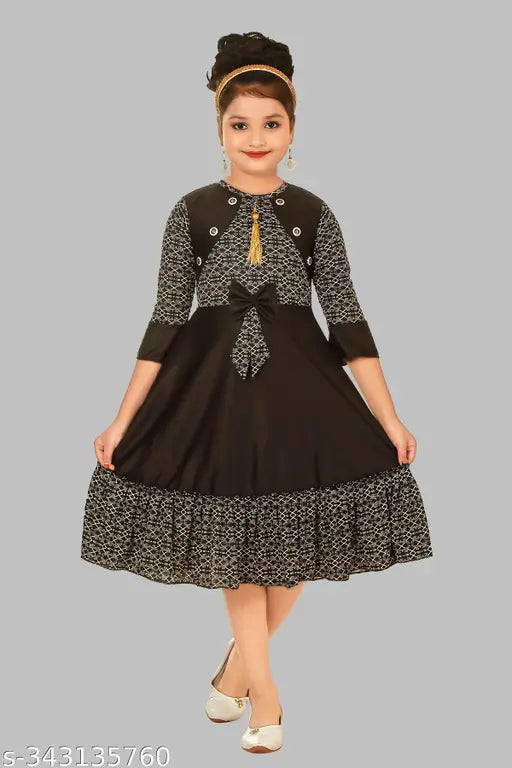 Black cotton blend frock with printed design, three-quarter sleeves - casual girls wear, Indian origin