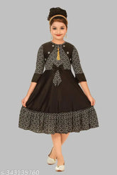 Black cotton blend frock with printed design, three-quarter sleeves - casual girls wear, Indian origin