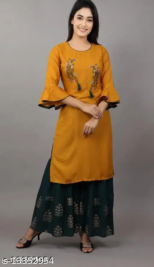 Women's printed party wear rayon Kurta Set with Sharara - three-quarter sleeves, single size L, vibrant Indian festive attire on display