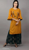 Women's printed party wear rayon Kurta Set with Sharara - three-quarter sleeves, single size L, vibrant Indian festive attire on display