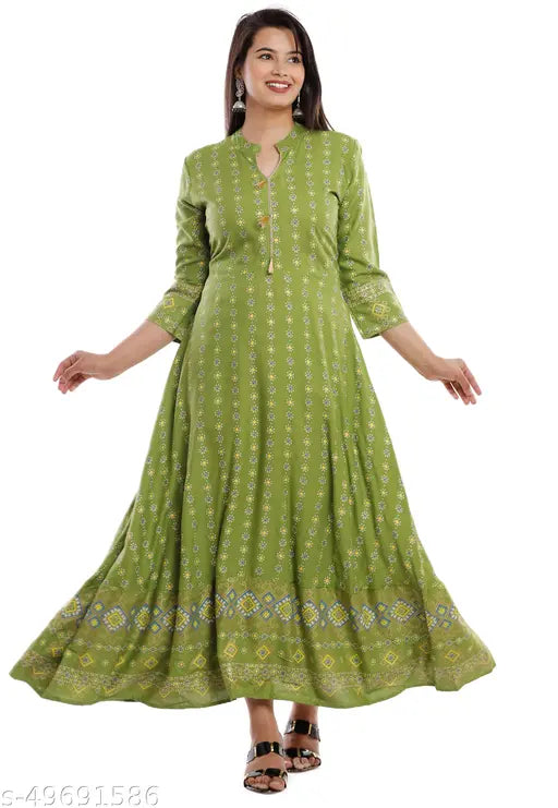 Pistagreen printed rayon kurta with three-quarter sleeves, vibrant Indian fashion on hangar