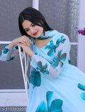 Floral print Georgette stitched flared A-line gown (Sky), long sleeves, Indian-made fashion dress on mannequin