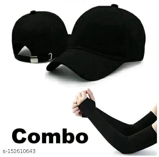 Stylish men's black cotton baseball cap (Pack-1), solid pattern, adjustable for sports activities, combo pack of 2 caps and fingerless arm sleeves, made in India