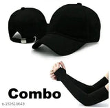 Stylish men's black cotton baseball cap (Pack-1), solid pattern, adjustable for sports activities, combo pack of 2 caps and fingerless arm sleeves, made in India