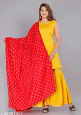 Yellow butterfly print rayon kurta set with red dupatta and bottomwear, India-made, vibrant and festive clothing accessory for women