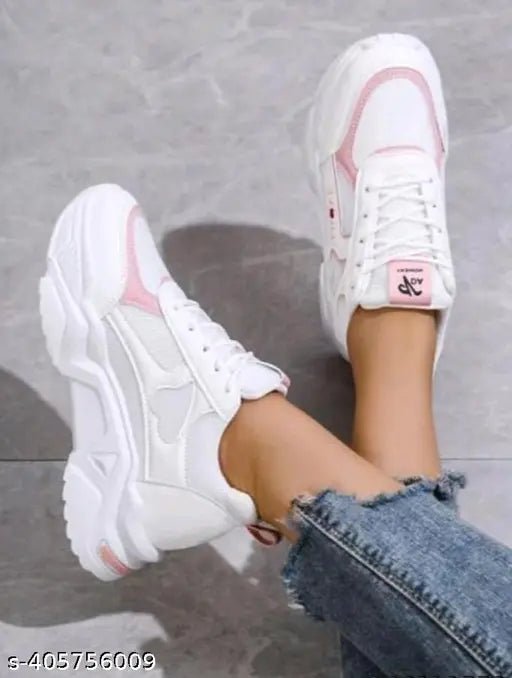 White mesh Megpar Girl casual sneaker shoes with PVC sole, lace-up fastening on display. Comfortable and durable women's footwear for everyday wear