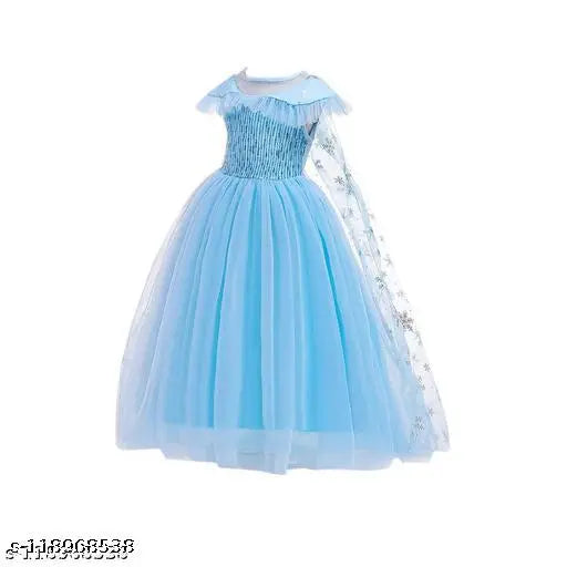 Elsa Frozen blue princess dress, net fabric, short sleeves, embellished pattern, children's costume
