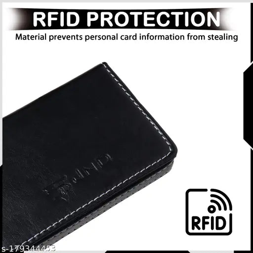 Black PU card holder, free size, holds up to 20 visiting or debit/credit cards. India-made accessory for organizing essentials on-the-go