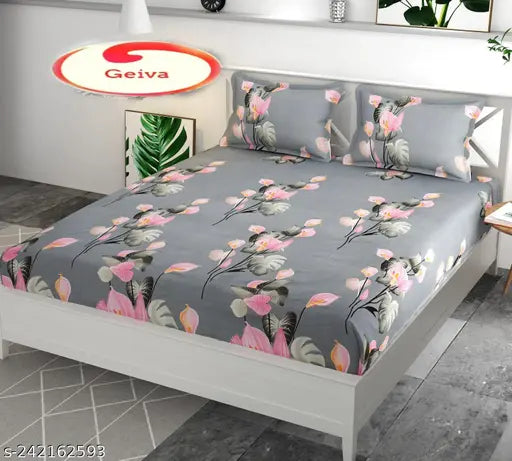 White Glace Cotton floral fitted double bedsheet with 2 pillow covers, ideal for summer