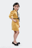 Suede polyester midi dress with front tie, yellow, fashionable sleeves, belt included, India origin