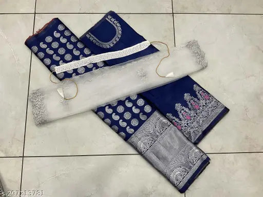 South Indian Zari unstitched half saree in art silk with embroidered patterns, net dupatta and lace details, ready to ship from India