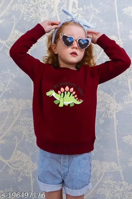 Maroon cotton fleece Dino Gal sweatshirt for kids, printed net design and long sleeves, comfy style for the season