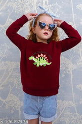 Maroon cotton Dino Gal fleece sweatshirt for kids, printed net design and long sleeves, cozy and roomy for season wear