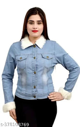 Denim blue girls jeans jacket, long sleeves, dyed/washed pattern. Perfect for winter wear in sizes 9-10 to 15-16 years. Made in India