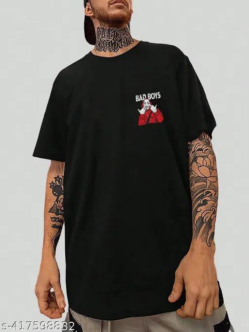 Hiden Brooks Men's black cotton graphic printed oversized tee with three-quarter sleeves, perfect for casual wear and everyday style. Breathable cotton, XS to XXXL sizes available from India