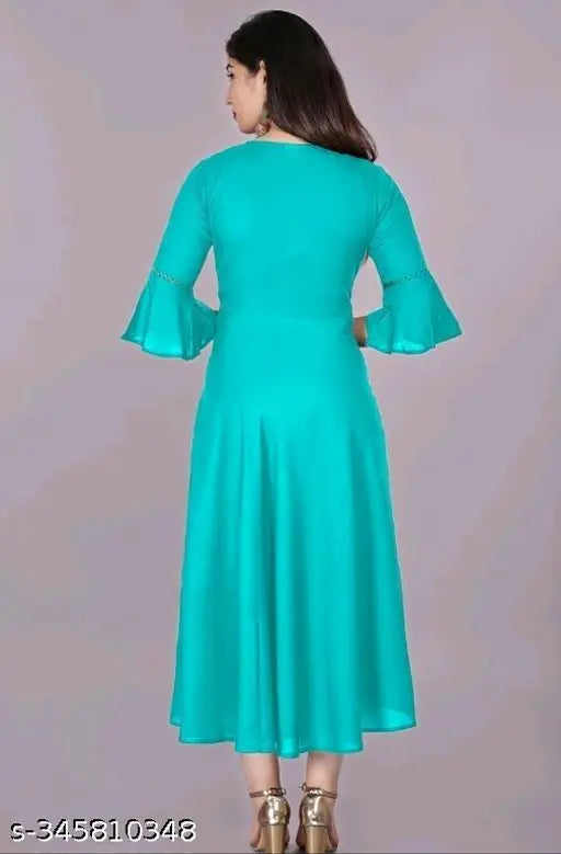 Teal rayon round flared bell sleeves kurti, three-quarter sleeve length, casual to formal occasion wear for women