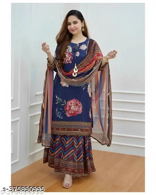 Viscose embroidered Kurta and sharara set with dupatta, Indian festival wear featuring printed patterns on three-quarter sleeves