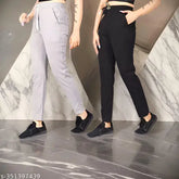 Multicolor cotton blend solid greyblack women's workout track pants, pack of 2 on display rack