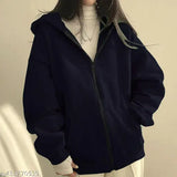 Fleece solid women's hooded sweatshirt with zipper closer, kangaroo pockets, long sleeves, warm & cozy, made in India