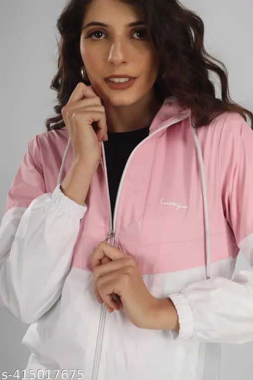 Pink polyester short jacket, women's casual wear with sunscreen protection, perfect for travel and sports, solid plain design in multiple sizes (S-XXXL)
