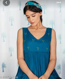 Teal blue, rayon embroidered kurti for girl - sleeveless, 3-tiered dress with machine yoke embroidery