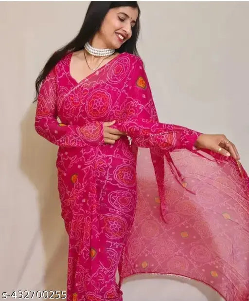 Chiffon pink saree with running blouse, dyed/washed pattern, single size, Indian origin